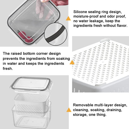 Fridge Food Storage Container Set with Lids with Strainer, Fruit Vegetable Storage Containers Keep Fruits, Vegetables, Berry, Meat Fresh longer, BPA-Free Plastic Produce Keepers