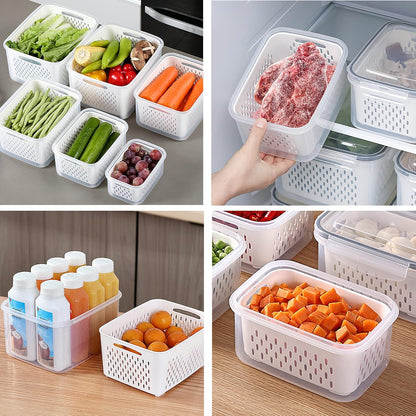 Fridge Food Storage Container Set with Lids with Strainer, Fruit Vegetable Storage Containers Keep Fruits, Vegetables, Berry, Meat Fresh longer, BPA-Free Plastic Produce Keepers