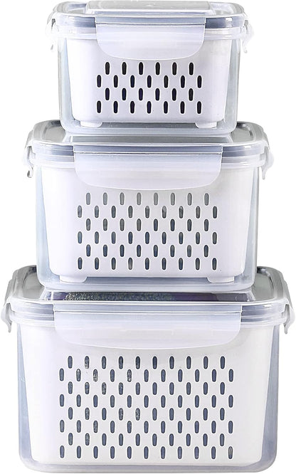 Fridge Food Storage Container Set with Lids with Strainer, Fruit Vegetable Storage Containers Keep Fruits, Vegetables, Berry, Meat Fresh longer, BPA-Free Plastic Produce Keepers