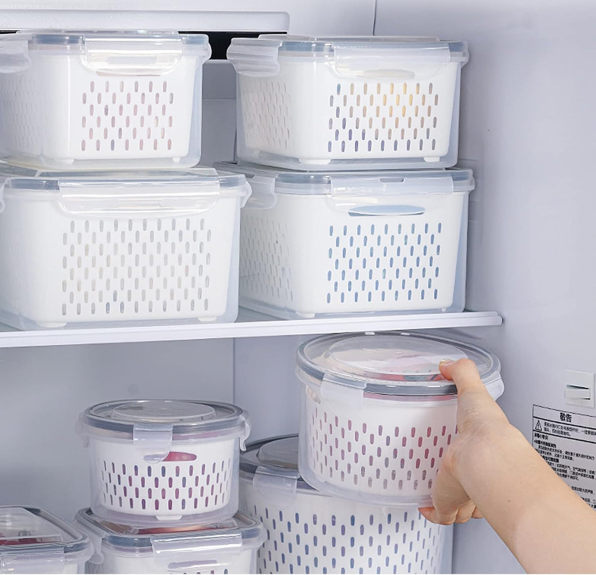 Fridge Food Storage Container Set with Lids with Strainer, Fruit Vegetable Storage Containers Keep Fruits, Vegetables, Berry, Meat Fresh longer, BPA-Free Plastic Produce Keepers