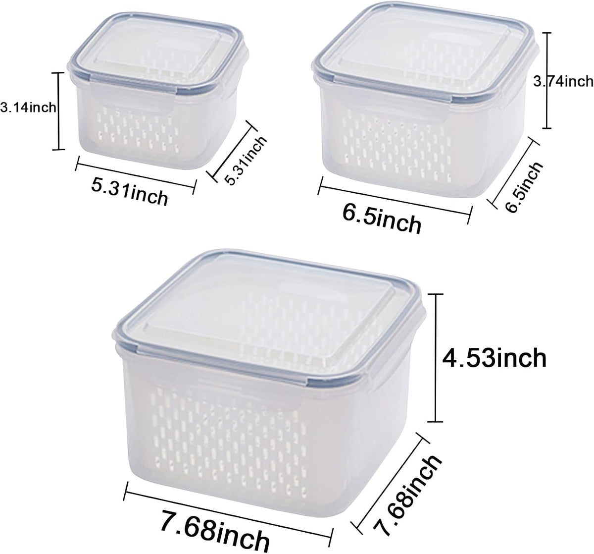 Fridge Food Storage Container Set with Lids with Strainer, Fruit Vegetable Storage Containers Keep Fruits, Vegetables, Berry, Meat Fresh longer, BPA-Free Plastic Produce Keepers