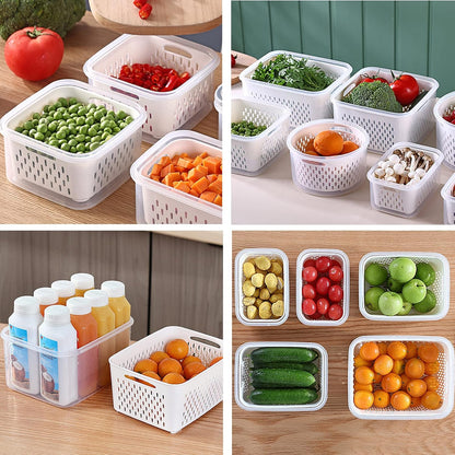 Fridge Food Storage Container Set with Lids with Strainer, Fruit Vegetable Storage Containers Keep Fruits, Vegetables, Berry, Meat Fresh longer, BPA-Free Plastic Produce Keepers