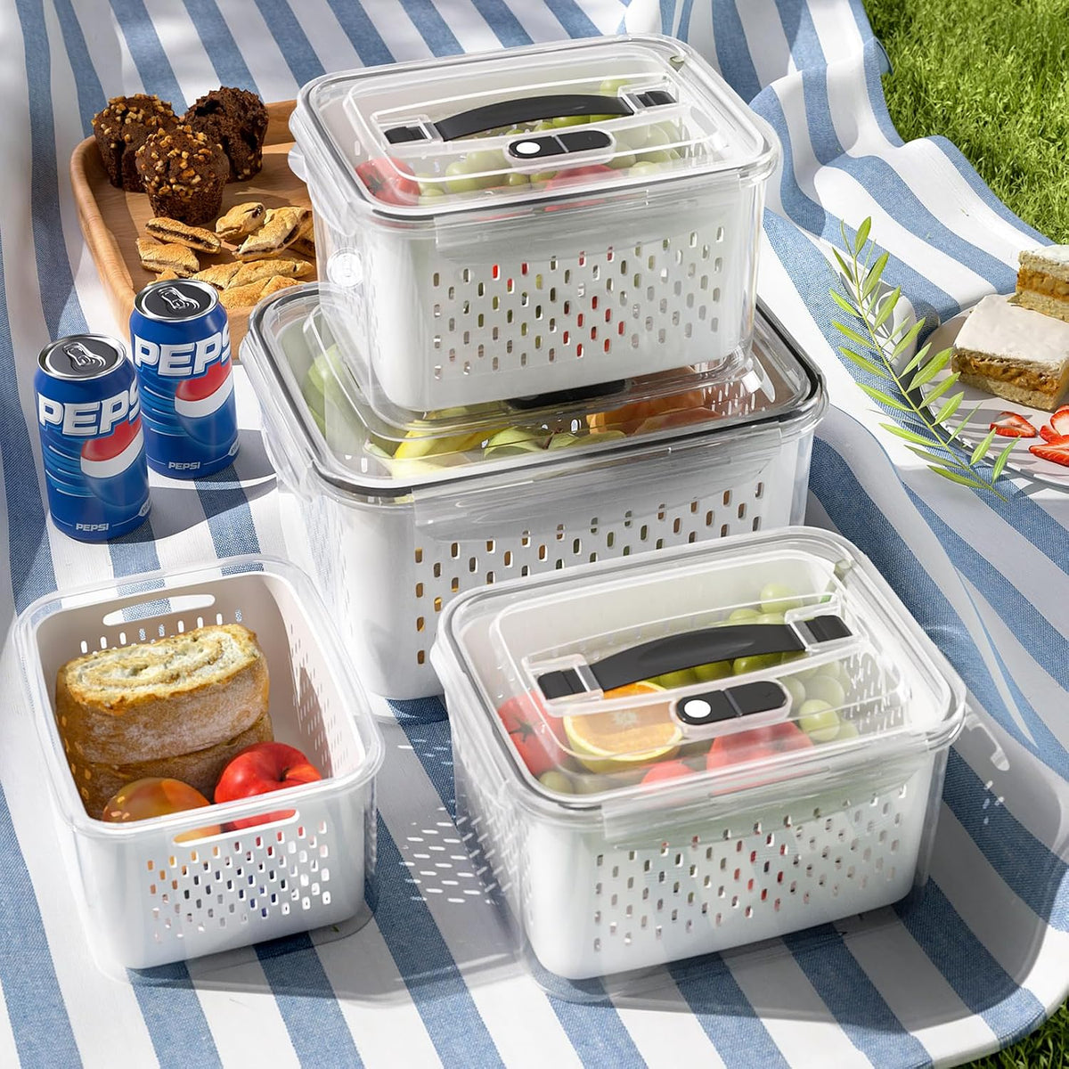 Fridge Food Storage Container Set with Lids with Strainer, Fruit Vegetable Storage Containers Keep Fruits, Vegetables, Berry, Meat Fresh longer, BPA-Free Plastic Produce Keepers