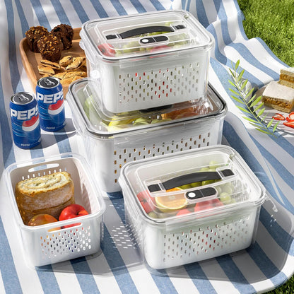 Fridge Food Storage Container Set with Lids with Strainer, Fruit Vegetable Storage Containers Keep Fruits, Vegetables, Berry, Meat Fresh longer, BPA-Free Plastic Produce Keepers