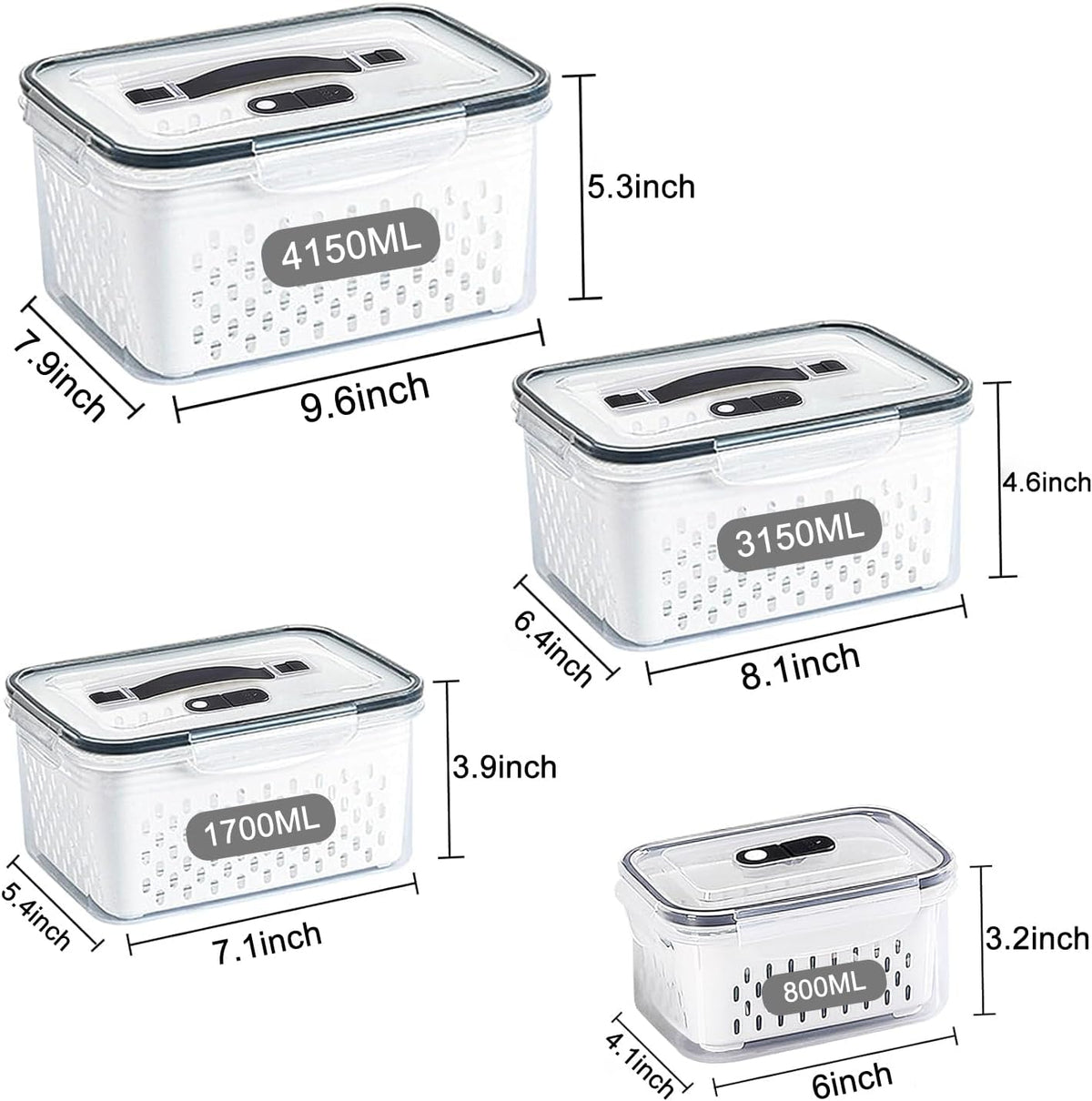 Fridge Food Storage Container Set with Lids with Strainer, Fruit Vegetable Storage Containers Keep Fruits, Vegetables, Berry, Meat Fresh longer, BPA-Free Plastic Produce Keepers
