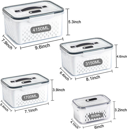 Fridge Food Storage Container Set with Lids with Strainer, Fruit Vegetable Storage Containers Keep Fruits, Vegetables, Berry, Meat Fresh longer, BPA-Free Plastic Produce Keepers