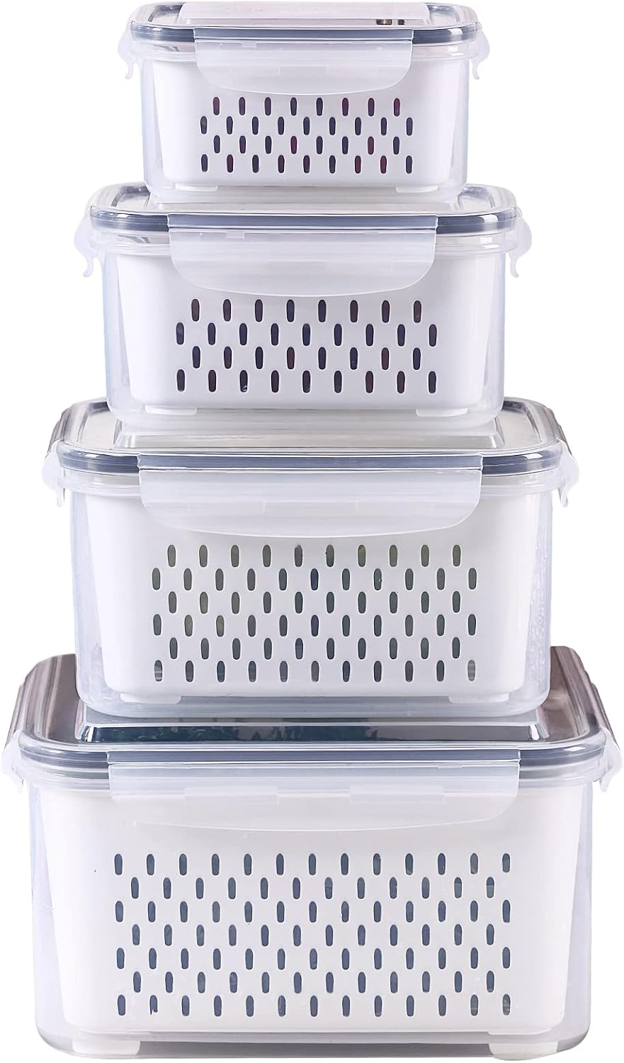 Fridge Food Storage Container Set with Lids with Strainer, Fruit Vegetable Storage Containers Keep Fruits, Vegetables, Berry, Meat Fresh longer, BPA-Free Plastic Produce Keepers
