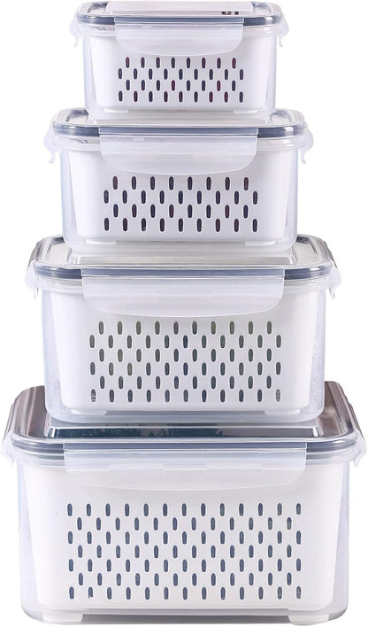 Fridge Food Storage Container Set with Lids with Strainer, Fruit Vegetable Storage Containers Keep Fruits, Vegetables, Berry, Meat Fresh longer, BPA-Free Plastic Produce Keepers