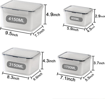 Fridge Food Storage Container Set with Lids with Strainer, Fruit Vegetable Storage Containers Keep Fruits, Vegetables, Berry, Meat Fresh longer, BPA-Free Plastic Produce Keepers