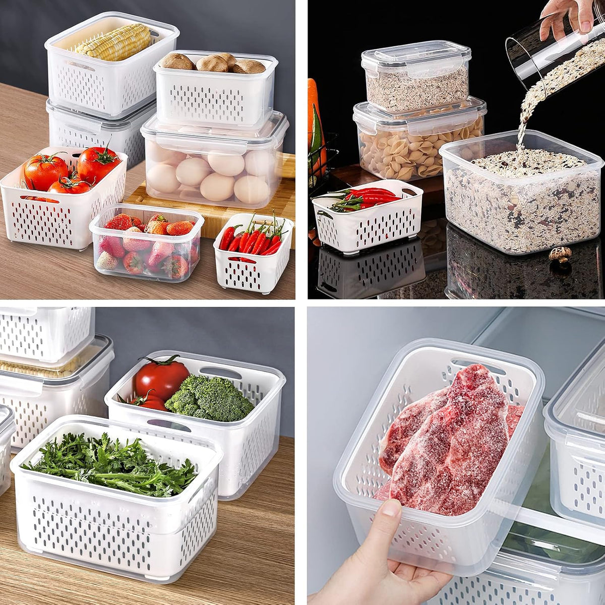 Fridge Food Storage Container Set with Lids with Strainer, Fruit Vegetable Storage Containers Keep Fruits, Vegetables, Berry, Meat Fresh longer, BPA-Free Plastic Produce Keepers