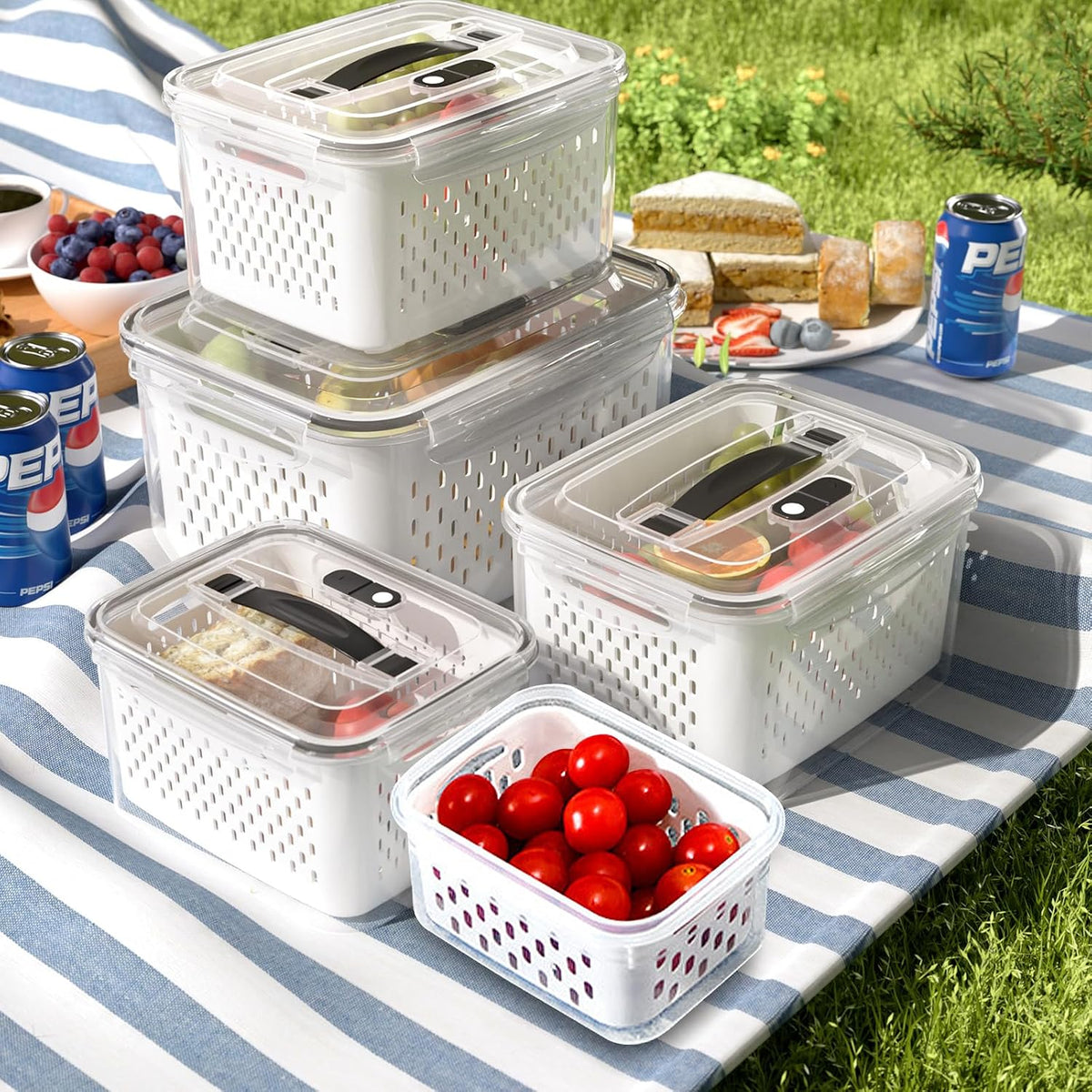 Fridge Food Storage Container Set with Lids with Strainer, Fruit Vegetable Storage Containers Keep Fruits, Vegetables, Berry, Meat Fresh longer, BPA-Free Plastic Produce Keepers