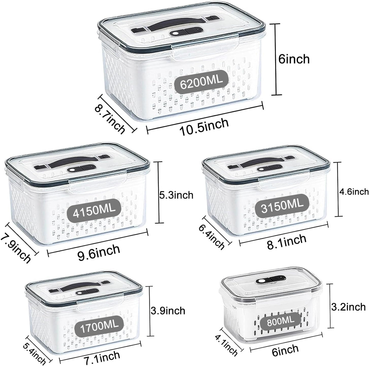 Fridge Food Storage Container Set with Lids with Strainer, Fruit Vegetable Storage Containers Keep Fruits, Vegetables, Berry, Meat Fresh longer, BPA-Free Plastic Produce Keepers