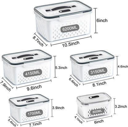 Fridge Food Storage Container Set with Lids with Strainer, Fruit Vegetable Storage Containers Keep Fruits, Vegetables, Berry, Meat Fresh longer, BPA-Free Plastic Produce Keepers