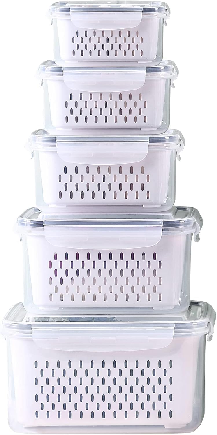 Fridge Food Storage Container Set with Lids with Strainer, Fruit Vegetable Storage Containers Keep Fruits, Vegetables, Berry, Meat Fresh longer, BPA-Free Plastic Produce Keepers