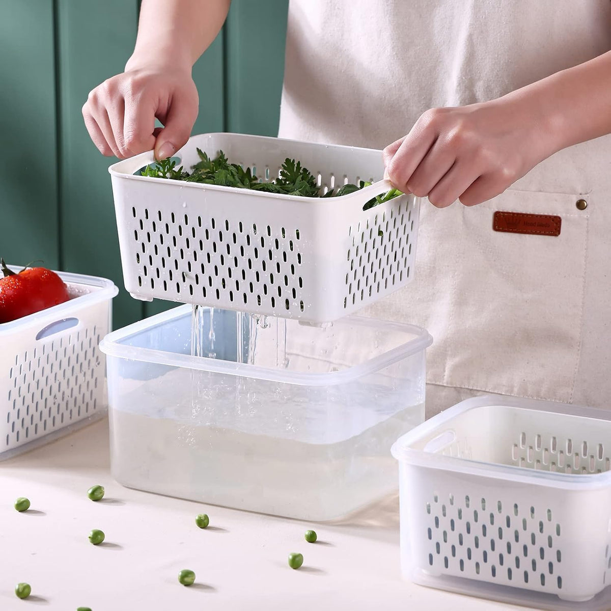 Fridge Food Storage Container Set with Lids with Strainer, Fruit Vegetable Storage Containers Keep Fruits, Vegetables, Berry, Meat Fresh longer, BPA-Free Plastic Produce Keepers