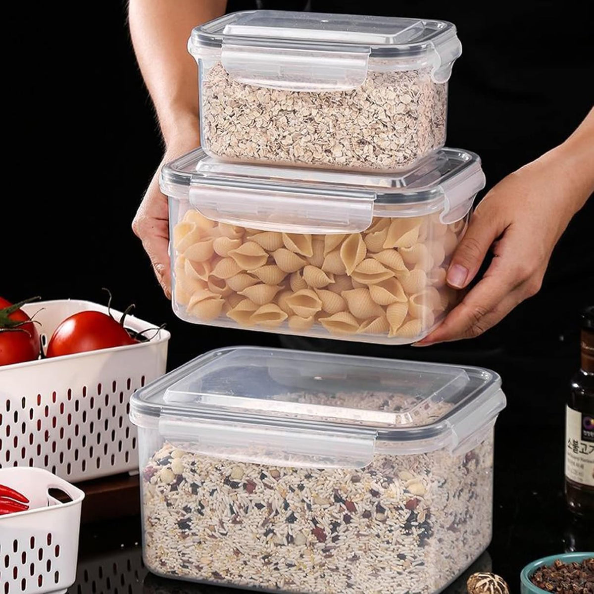 Fridge Food Storage Container Set with Lids with Strainer, Fruit Vegetable Storage Containers Keep Fruits, Vegetables, Berry, Meat Fresh longer, BPA-Free Plastic Produce Keepers
