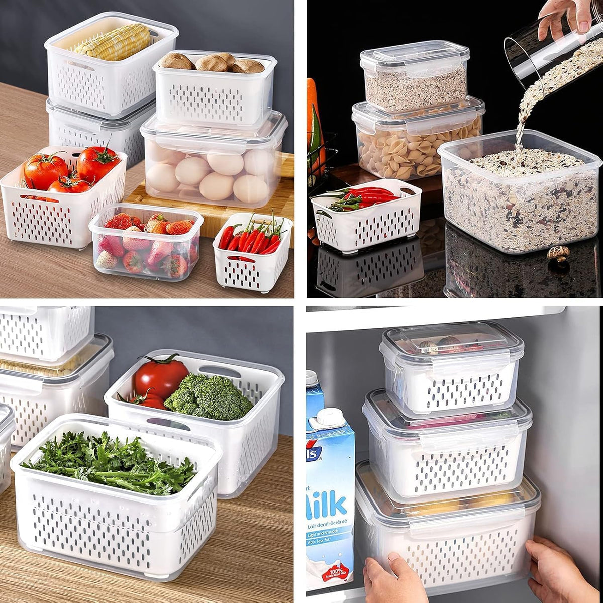 Fridge Food Storage Container Set with Lids with Strainer, Fruit Vegetable Storage Containers Keep Fruits, Vegetables, Berry, Meat Fresh longer, BPA-Free Plastic Produce Keepers