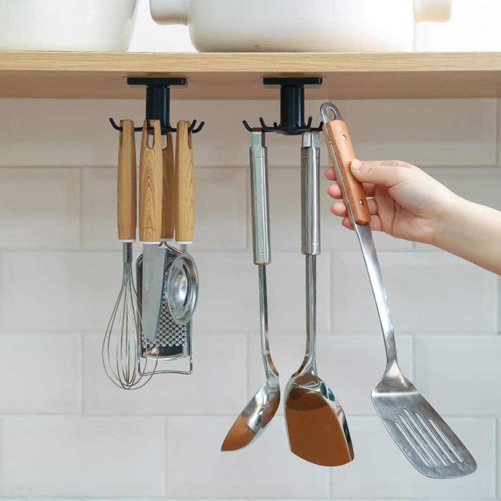 2PCS Under Cabinet Hooks, 360 °Rotation Kitchen Hooks for Utensils,storage shelf rv must haves,Nail Free Adhesive Kitchen Utensils Hanging Hooks for Kitchen Utensils/Tools/Towel/Knife (Black)