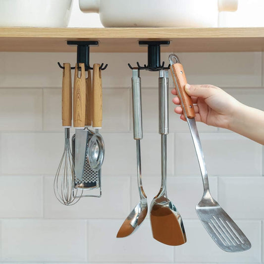 2PCS Under Cabinet Hooks, 360 °Rotation Kitchen Hooks for Utensils,storage shelf rv must haves,Nail Free Adhesive Kitchen Utensils Hanging Hooks for Kitchen Utensils/Tools/Towel/Knife (Black)