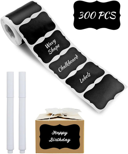 300 PCS Wavy Shape Chalkboard Labels, Erasable Reusable Blackboard Stickers with 2 Liquid Chalk Pens for Jars, Spice, Craft, Home, Kitchen, Parties Decoration, Craft Rooms, Weddings