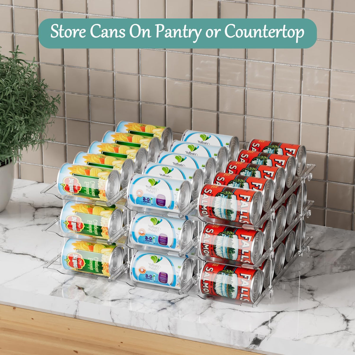 Can Storage Organizer for Pantry, Can Holders For Pantry, Canned Goods Food Dispenser, Clear Plastic Soup Can Shelf Rack, 3 Ties