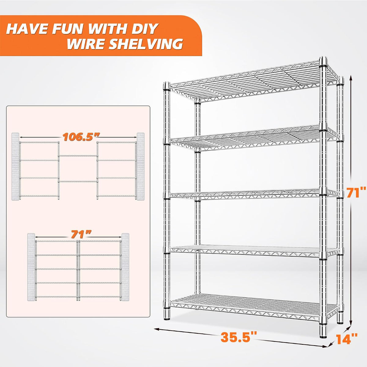 5-Tier 1200LBS Metal Shelving, 71" H Adjustable Storage Shelf,Chrome