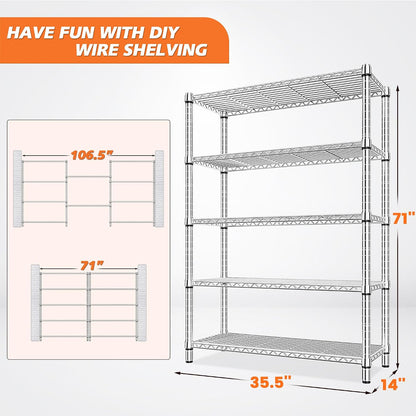 5-Tier 1200LBS Metal Shelving, 71" H Adjustable Storage Shelf,Chrome
