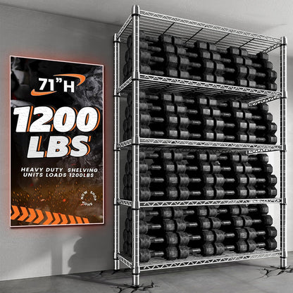 5-Tier 1200LBS Metal Shelving, 71" H Adjustable Storage Shelf,Chrome