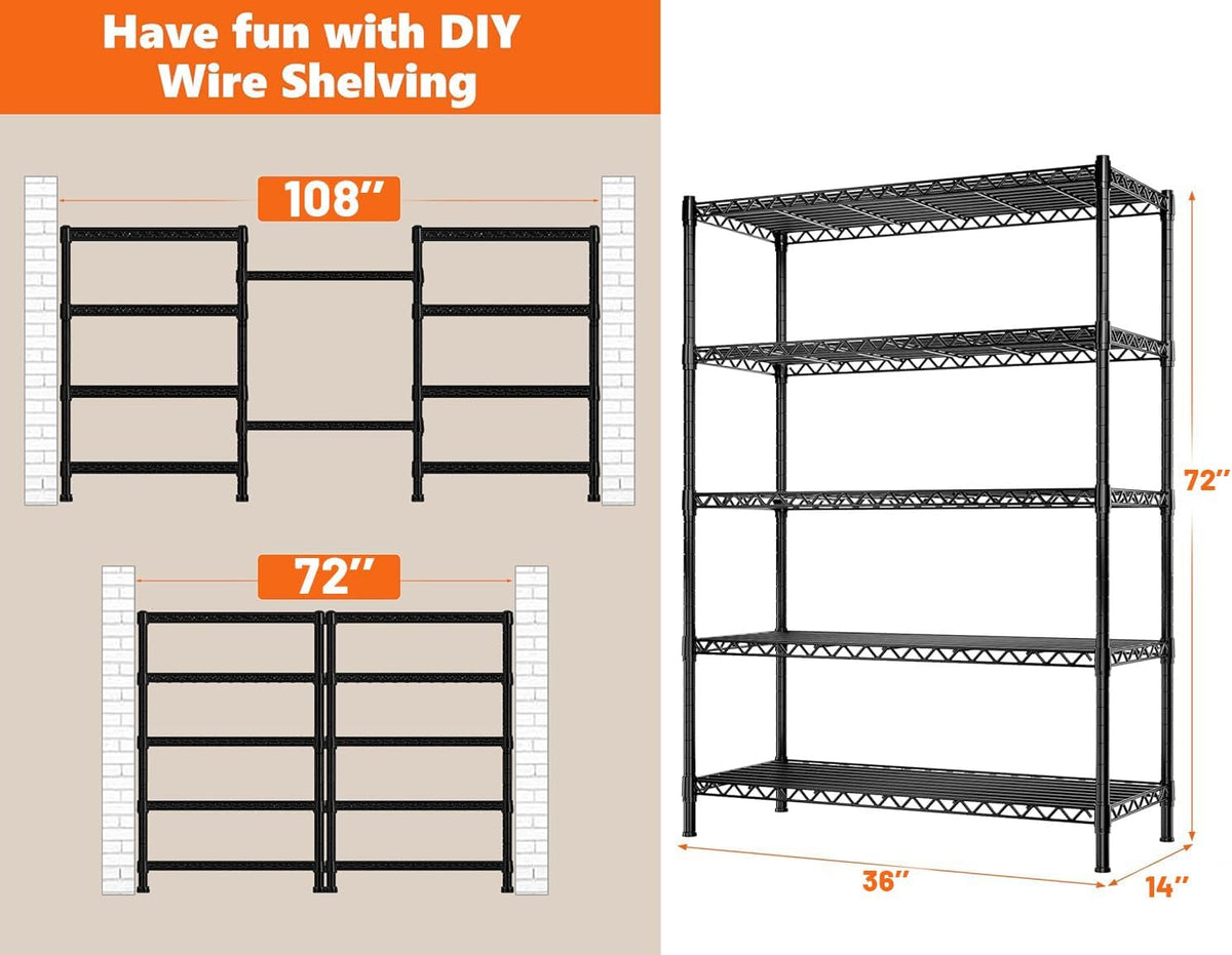 5-Tier 1200LBS Metal Shelving, 71" H Adjustable Storage Shelf,Chrome