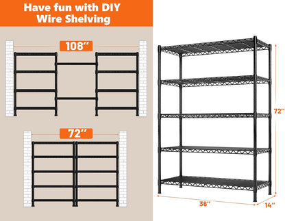 5-Tier 1200LBS Metal Shelving, 71" H Adjustable Storage Shelf,Chrome