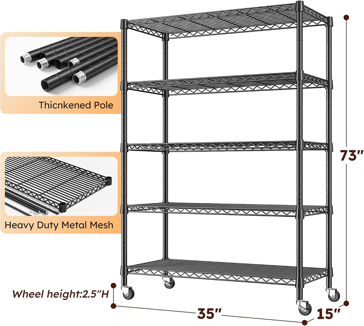 5-Tier 1200LBS Metal Shelving, 71" H Adjustable Storage Shelf,Chrome