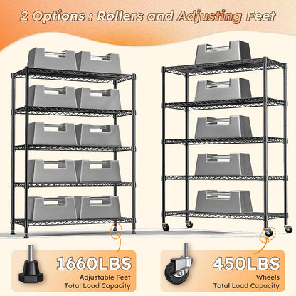 5-Tier 1200LBS Metal Shelving, 71" H Adjustable Storage Shelf,Chrome