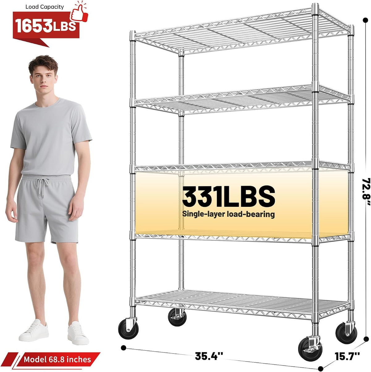5-Tier 1200LBS Metal Shelving, 71" H Adjustable Storage Shelf,Chrome
