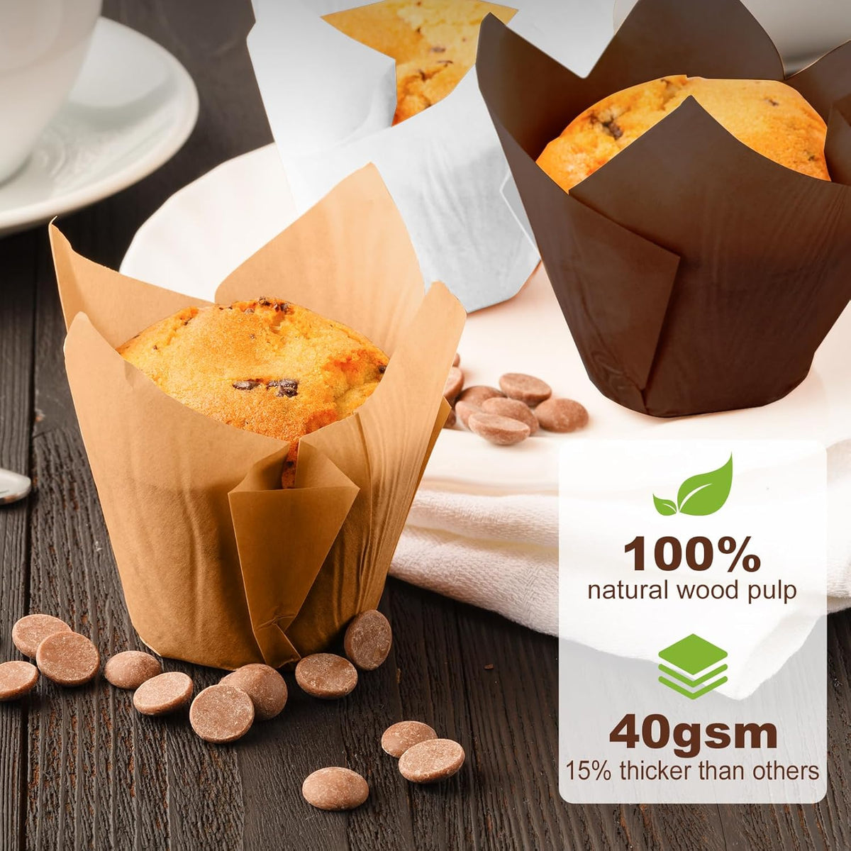 Natural Tulip Cupcake Liners for Baking 200 Cups, Unbleached Parchment paper Muffin Liners, Upgraded Standard Cupcake Wrappers, Greaseproof Cup Cake Liner, Easy to Use in Party, Birthday, Christmas
