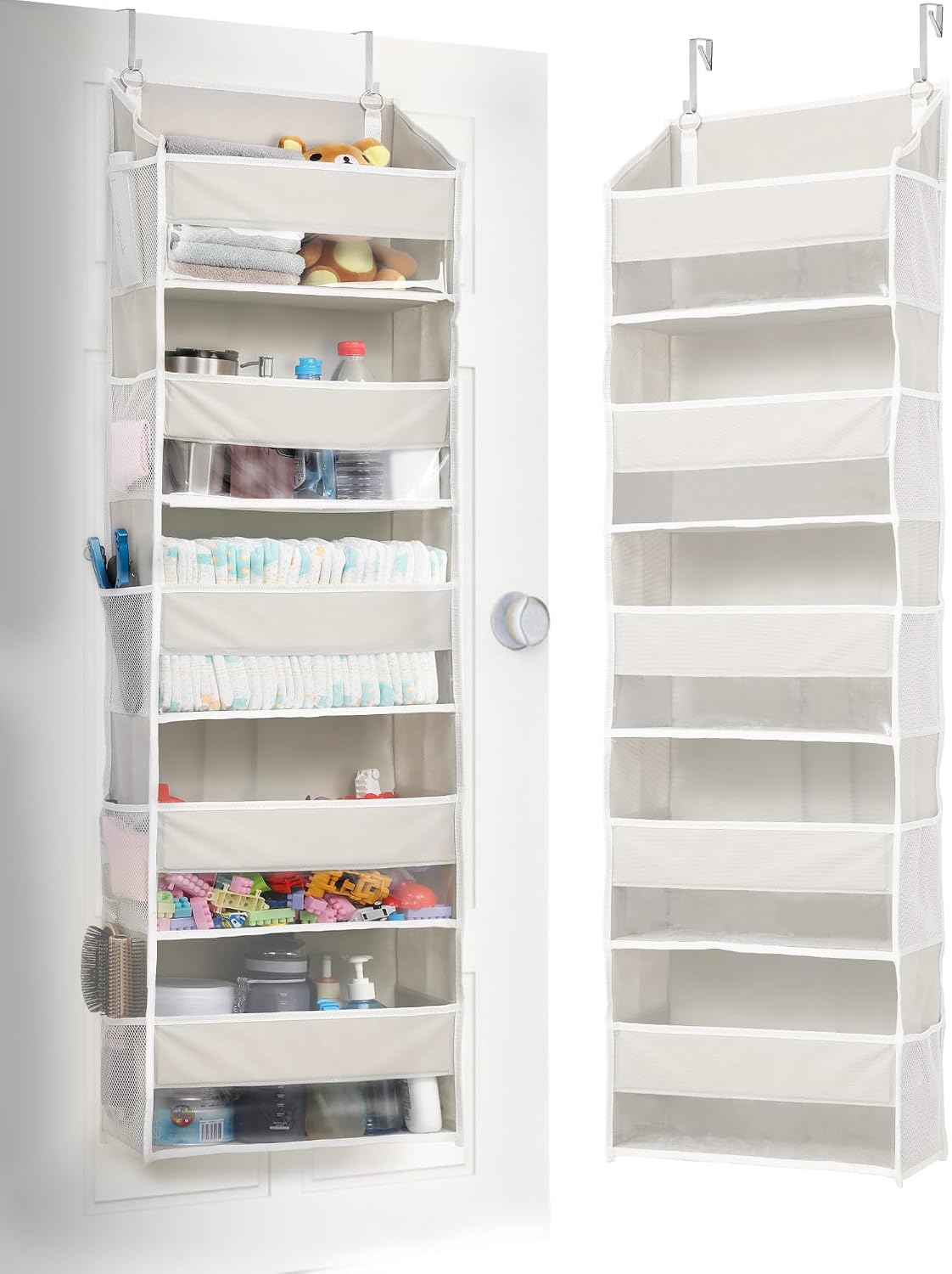 Over Door Organizer with 5 Large and 10 Mesh Side Pockets, 44 lbs Weight Capacity Hanging Storage with Clear Window Kids Toys, Shoes, Diapers, Dark Grey, 5 Layers