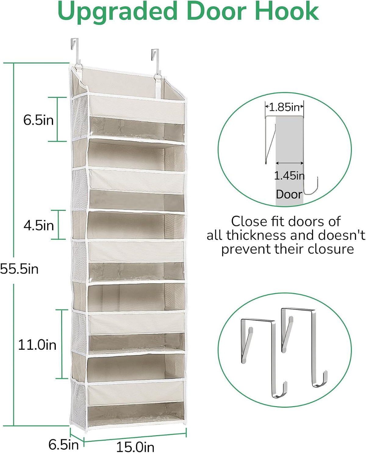 Over Door Organizer with 5 Large and 10 Mesh Side Pockets, 44 lbs Weight Capacity Hanging Storage with Clear Window Kids Toys, Shoes, Diapers, Dark Grey, 5 Layers