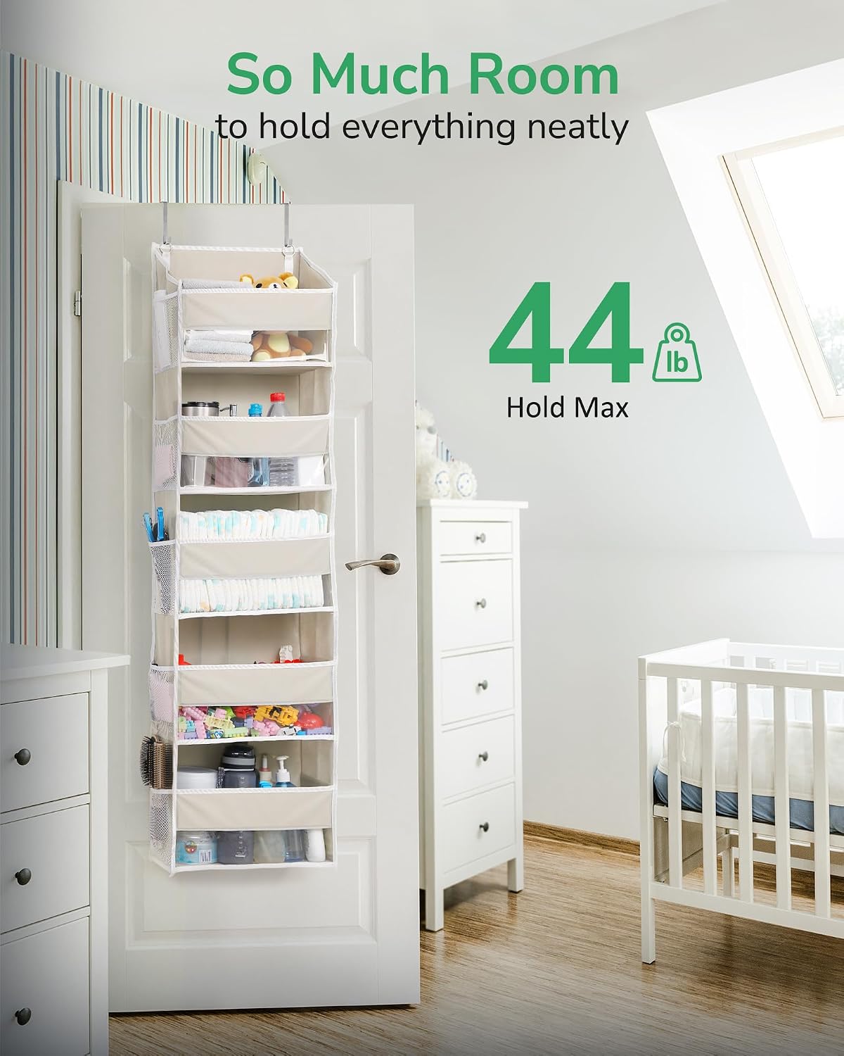 Over Door Organizer with 5 Large and 10 Mesh Side Pockets, 44 lbs Weight Capacity Hanging Storage with Clear Window Kids Toys, Shoes, Diapers, Dark Grey, 5 Layers