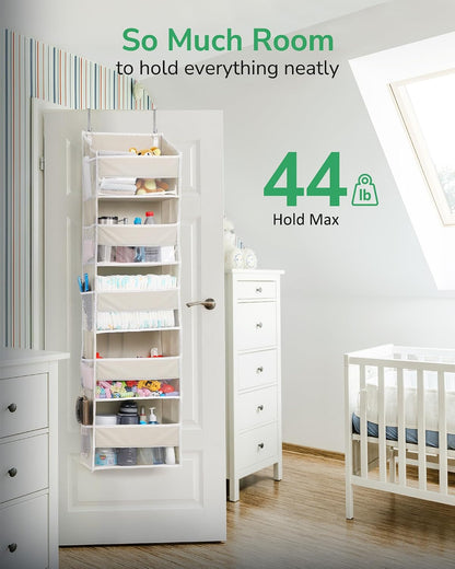 Over Door Organizer with 5 Large and 10 Mesh Side Pockets, 44 lbs Weight Capacity Hanging Storage with Clear Window Kids Toys, Shoes, Diapers, Dark Grey, 5 Layers