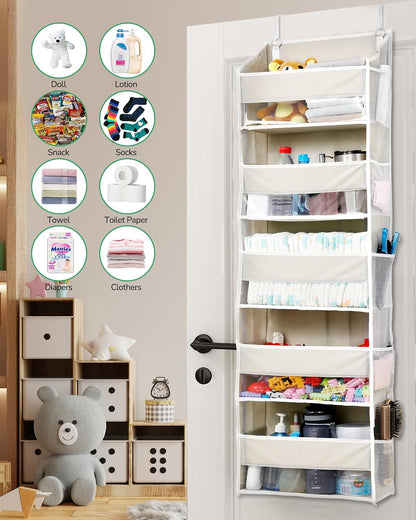 Over Door Organizer with 5 Large and 10 Mesh Side Pockets, 44 lbs Weight Capacity Hanging Storage with Clear Window Kids Toys, Shoes, Diapers, Dark Grey, 5 Layers
