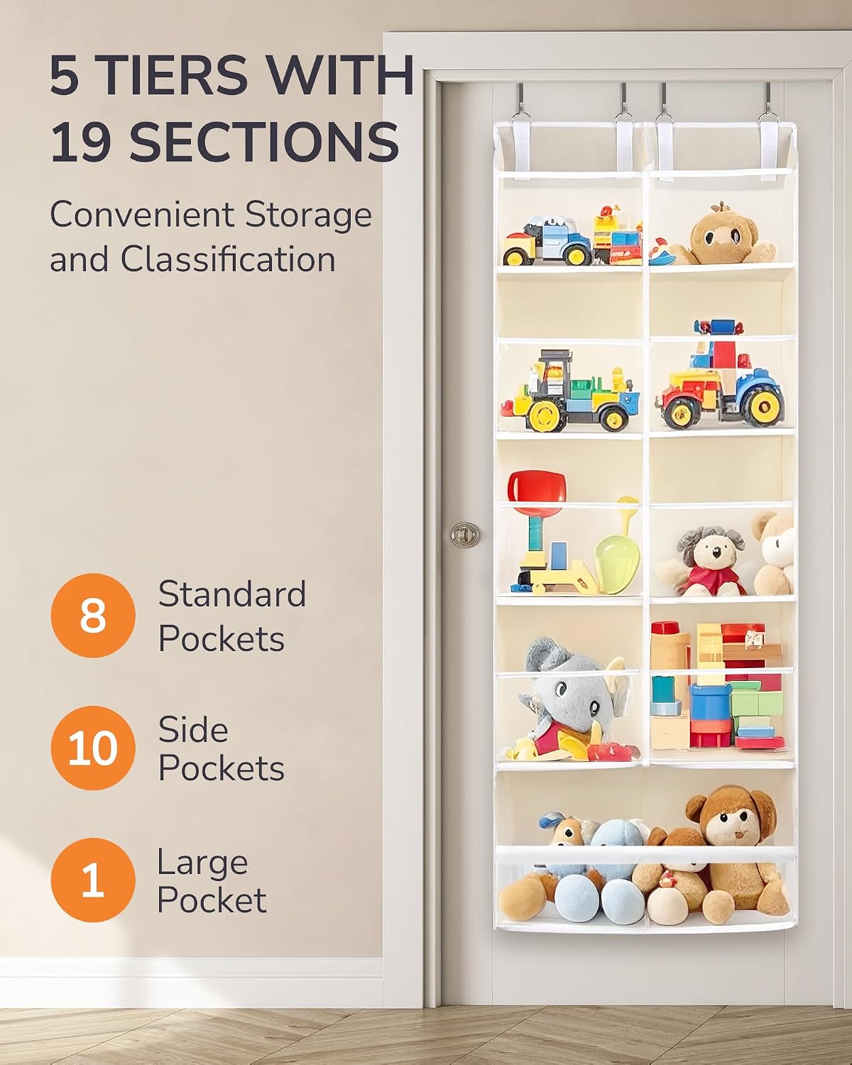 Over Door Organizer with 5 Large and 10 Mesh Side Pockets, 44 lbs Weight Capacity Hanging Storage with Clear Window Kids Toys, Shoes, Diapers, Dark Grey, 5 Layers