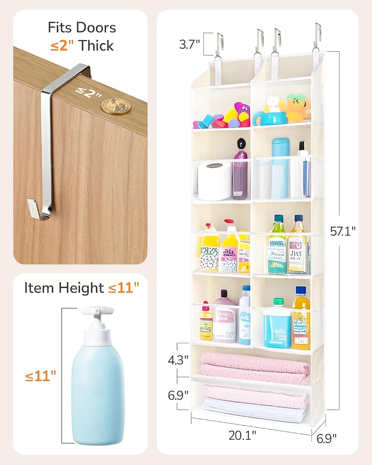 Over Door Organizer with 5 Large and 10 Mesh Side Pockets, 44 lbs Weight Capacity Hanging Storage with Clear Window Kids Toys, Shoes, Diapers, Dark Grey, 5 Layers