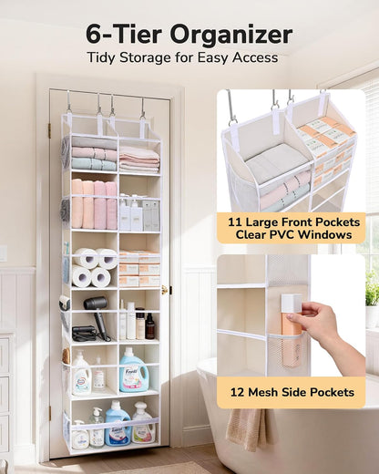 Over Door Organizer with 5 Large and 10 Mesh Side Pockets, 44 lbs Weight Capacity Hanging Storage with Clear Window Kids Toys, Shoes, Diapers, Dark Grey, 5 Layers