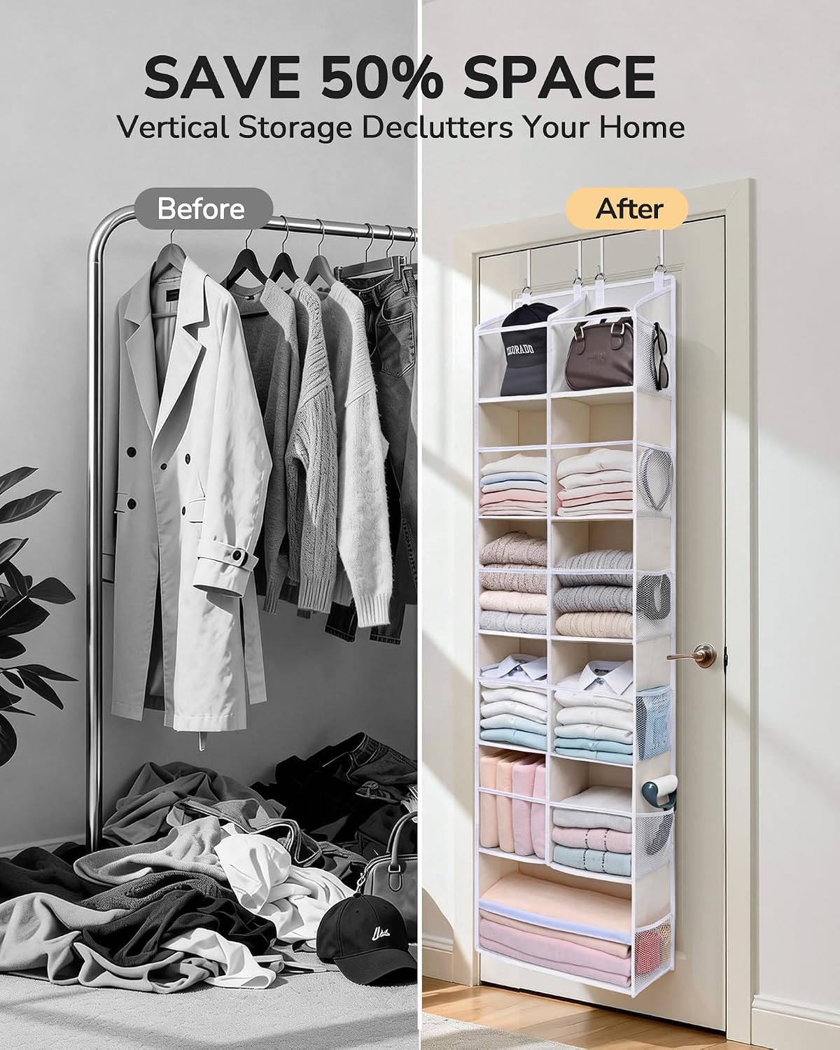 Over Door Organizer with 5 Large and 10 Mesh Side Pockets, 44 lbs Weight Capacity Hanging Storage with Clear Window Kids Toys, Shoes, Diapers, Dark Grey, 5 Layers