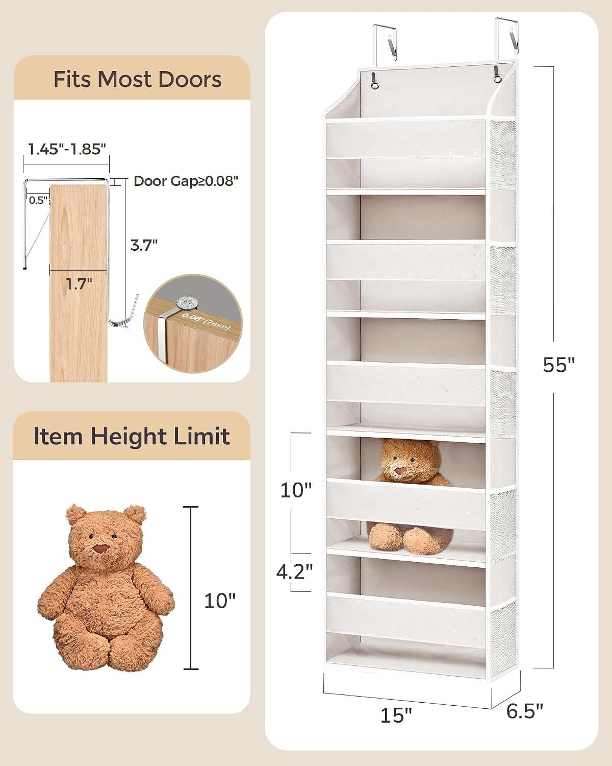 Over Door Organizer with 5 Large and 10 Mesh Side Pockets, 44 lbs Weight Capacity Hanging Storage with Clear Window Kids Toys, Shoes, Diapers, Dark Grey, 5 Layers