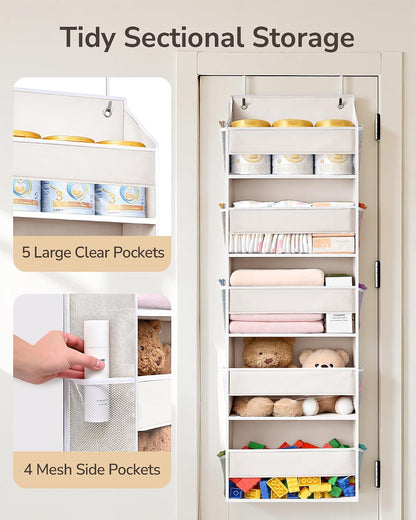 Over Door Organizer with 5 Large and 10 Mesh Side Pockets, 44 lbs Weight Capacity Hanging Storage with Clear Window Kids Toys, Shoes, Diapers, Dark Grey, 5 Layers