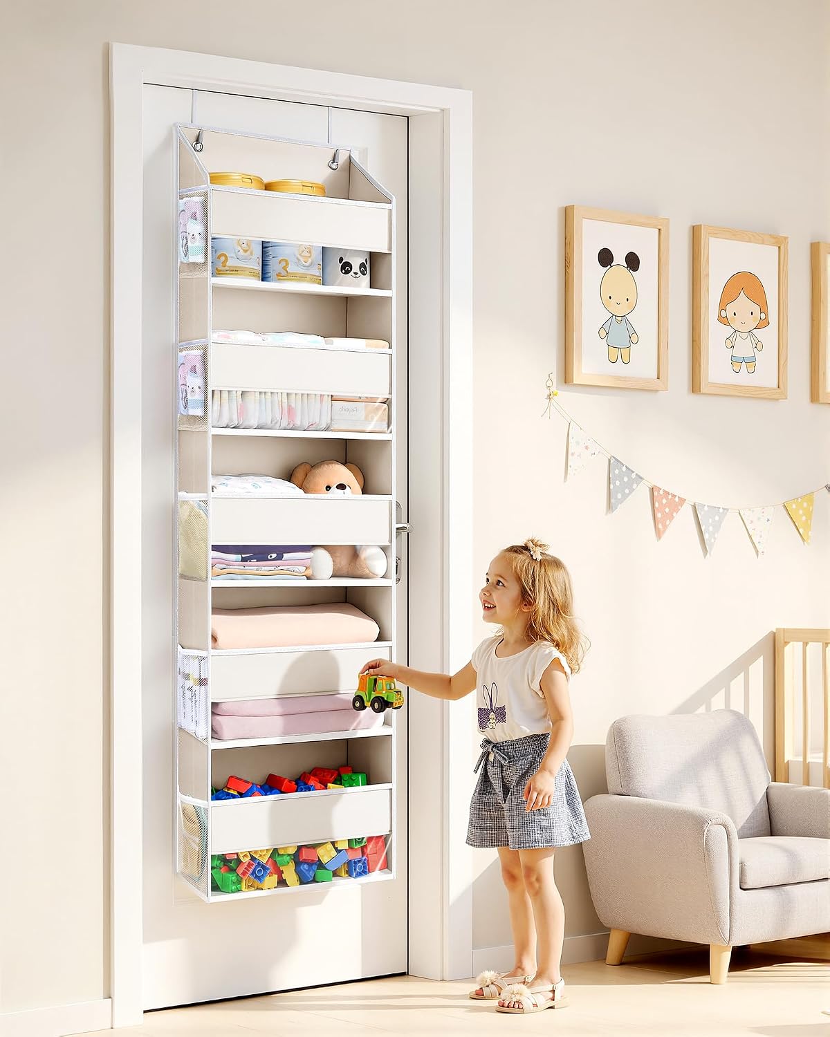 Over Door Organizer with 5 Large and 10 Mesh Side Pockets, 44 lbs Weight Capacity Hanging Storage with Clear Window Kids Toys, Shoes, Diapers, Dark Grey, 5 Layers