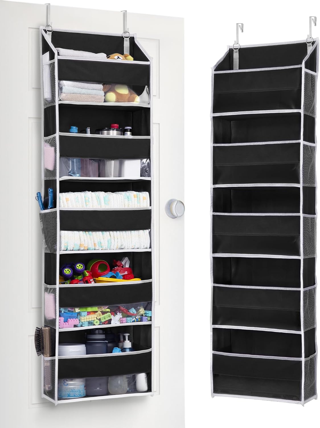 Over Door Organizer with 5 Large and 10 Mesh Side Pockets, 44 lbs Weight Capacity Hanging Storage with Clear Window Kids Toys, Shoes, Diapers, Dark Grey, 5 Layers