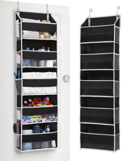 Over Door Organizer with 5 Large and 10 Mesh Side Pockets, 44 lbs Weight Capacity Hanging Storage with Clear Window Kids Toys, Shoes, Diapers, Dark Grey, 5 Layers