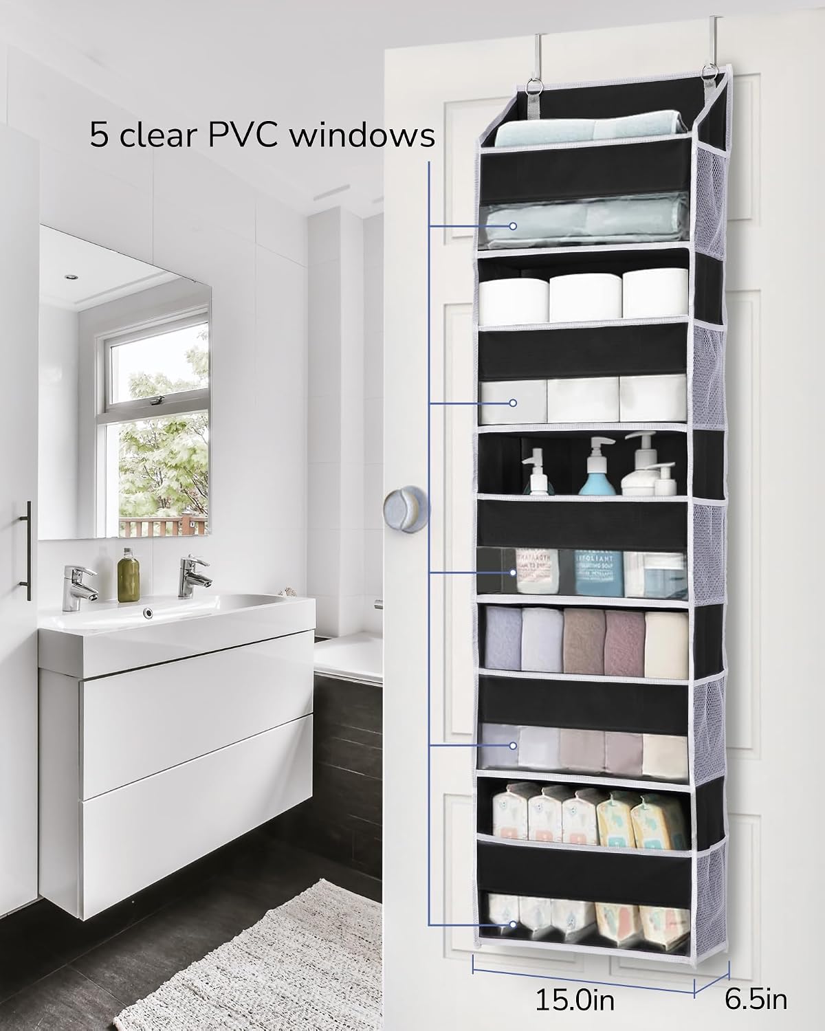 Over Door Organizer with 5 Large and 10 Mesh Side Pockets, 44 lbs Weight Capacity Hanging Storage with Clear Window Kids Toys, Shoes, Diapers, Dark Grey, 5 Layers