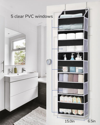 Over Door Organizer with 5 Large and 10 Mesh Side Pockets, 44 lbs Weight Capacity Hanging Storage with Clear Window Kids Toys, Shoes, Diapers, Dark Grey, 5 Layers